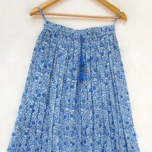 Indian blue flower printed cotton long maxi skirts - summer season with tassel women long skirts