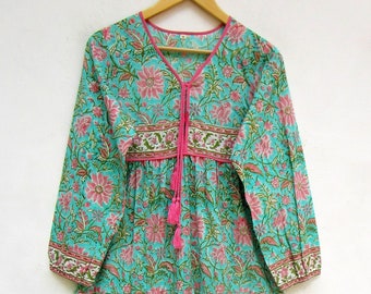 green pink floral printed cotton long maxi dress - v neckline with tassel summer maxi dress - long sleeve boho maxi dress