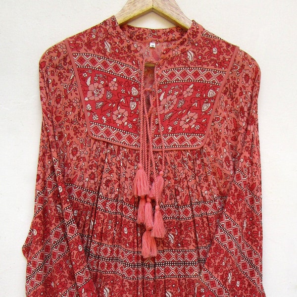 daily wear rayon printed blouse and tops - collared neckline with tassel indian blouse and tops - long sleeve women blouse and tops