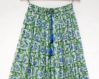 blue green cotton hand block printed Indian long maxi skirts - summer season women maxi skirts