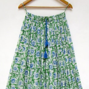 blue green cotton hand block printed Indian long maxi skirts - summer season women maxi skirts
