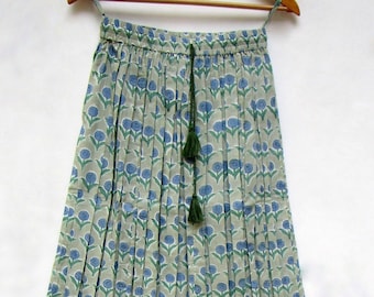 women wear block printed cotton long skirts - summer wear broomstick style with tassel skirts