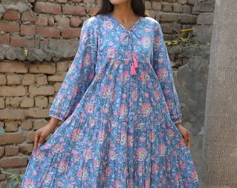 blue pink floral block printed maxi dress – v neckline with tassels – long sleeve boho cotton dress