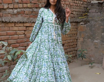 green blue floral printed summer wear maxi dress - v neckline with tassel Indian maxi dress - long sleeve  casual look maxi dress