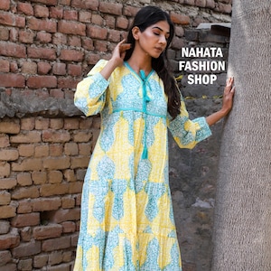 Yellow Blue Floral Block Print Cotton Maxi Dress – Boho Tassel Neck 3/4 Sleeve Summer Dress
