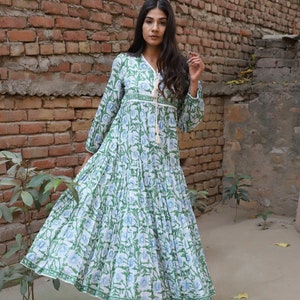 green blue floral printed summer wear maxi dress - v neckline with tassel Indian maxi dress - long sleeve  casual look maxi dress