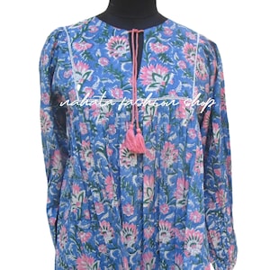 bohemian blue-pink hand block printed floral cotton blouse tops - split neckline with tassel blouse - long sleeve with buttons tunics