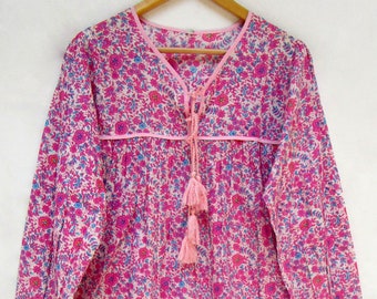 liberty pink flowery style women blouse and tops - v neckline with tassel Indian wear blouse - long sleeve women blouse and tops