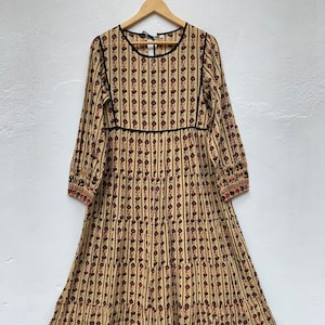 bohemian red floral screen printed maxi dress - henley neckline with tassel long dress - long sleeves cotton maxi