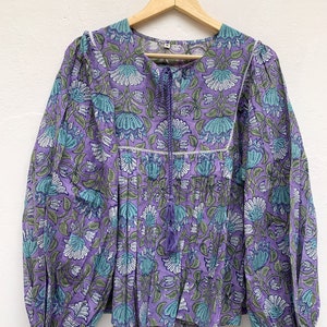 cotton purple & turquoise lotus hand block print women&#39;s blouse / boho tunic top / hippie tunic