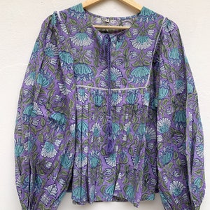 cotton purple & turquoise lotus hand block print women's blouse / boho tunic top / hippie tunic