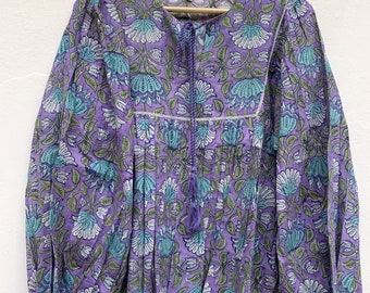 cotton purple & turquoise lotus hand block print women's blouse / boho tunic top / hippie tunic