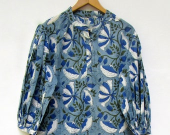 blue flower printed cotton bohemian style mini maxi dress - long sleeve Indian mini dress - collared neckline with buttons mini maxi dress