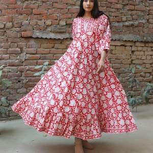 Jaipur traditional rounded bottom printed long maxi dress - crew neckline with buttons Indian maxi dress - 3/4th sleeve with button dress