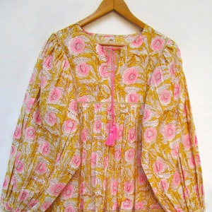 yellow pink blossom floral printed cotton blouse and tops - Henley neckline with tassel blouse - long sleeve with buttons blouse - with lace