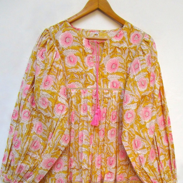 yellow pink blossom floral printed cotton blouse and tops - Henley neckline with tassel blouse - long sleeve with buttons blouse - with lace