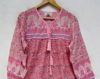 pink peacock flower printed cotton Indian culture women blouse - v neckline with tassel bohemian blouse - long sleeve ethnic blouse and tops