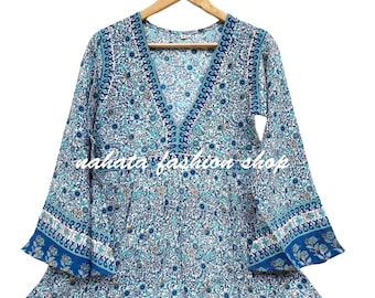 cyan navy blue floral printed rayon mini beach wear dress - deep v neckline bohemian mini maxi dress - long bell sleeve mini dress