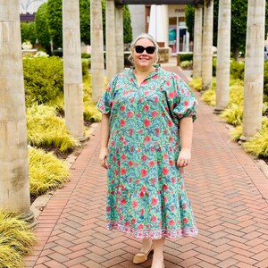 chili green pattern printed maxi dress - v neckline boho maxi dress - 3/4th sleeve with buttons maxi dress