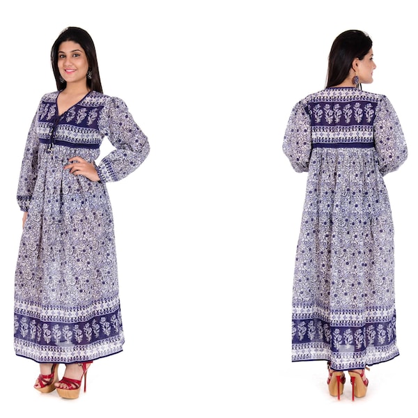 cotton blue floral vintage 70s maxi dress - Indian gauze dress - hippie boho dress