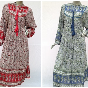 rayon collared neck floral maxi dress - collared neckline with tassel maxi dress - long sleeve bohemian maxi dress