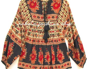beige & black cotton screen printed women blouse - long sleeve Indian blouse tops - collared neckline with tassel boho blouse