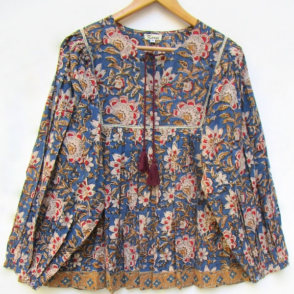 blues kalamkari printed cotton blouse and tops - Henley neckline with tassel blouse - long sleeve with buttons blouse tops - with lace tops