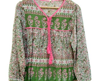 Grün pink floral Siebdruck Baumwolle Blusen Tops - V Ausschnitt mit Quaste Sommer Bluse - langarm Boho Tunikas