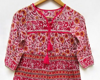 karni Jaipur enfants boho robe rayonne rouge rose fleur imprimé ethnique v cou conception enfants maxi robe | robe hippie gitane