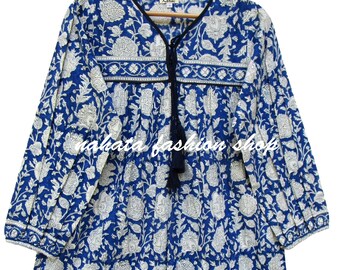 royal blues flowery cotton blouse and tops - v neckline with tassel Indian blouse - long sleeve bohemian blouse tops