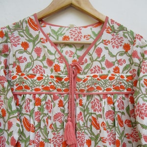 summer cotton red green floral blouse tops -  hand block printed women&#39;s tops - v neckline with tassel blouse