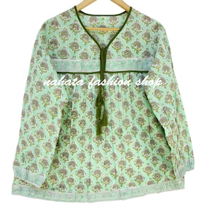 mint green block printed bohemian blouse tops - v neckline with tassel summer blouse - long sleeve short top