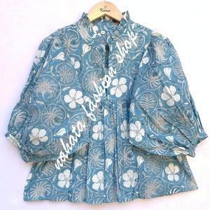 cotton blue floral hand block printed women&#39;s tops and blouse - V neckline maxi tunics