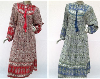 Rayon Floral Maxi Dress – Bohemian Tassel Collar, Long Sleeve