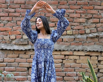 royal blue hand block printed cotton floral mini maxi dress - square neckline with smocking mini maxi- long ruffle sleeve bohemian dress royal blue hand block printed cotton floral mini maxi dress - square neckline with smocking mini maxi- long ruffle sleeve bohemian dress