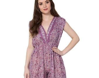 summer casual travel wear women long jumpsuit - v neckline summer wear long jumpsuit - sleeve less ethnic printed jumpsuit