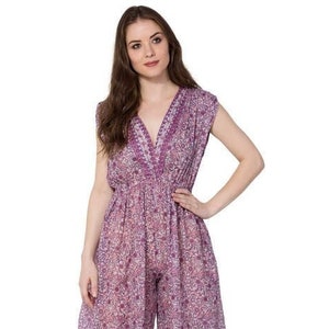 summer casual travel wear women long jumpsuit - v neckline summer wear long jumpsuit - sleeve less ethnic printed jumpsuit