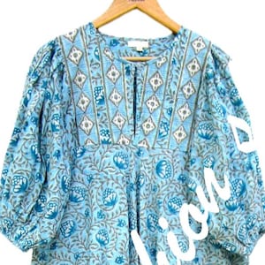 blue bohemian block printed cotton floral maxi dress - Henley neckline with button dress - 3/4th sleeve long maxi