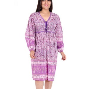 cotton purple pink floral women's knee length maxi dress - v neckline with tassel mini dress - long sleeve bohemian mini dress