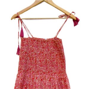 Red Floral Smocked Cotton Dress – Sleeveless Block Print Summer Dress with Tassel Tie Straps