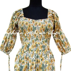 cotton yellow green flowers printed long bobbin maxi dress - square neckline with smocked dress - 3/4th sleeve with cotton ties maxi dress