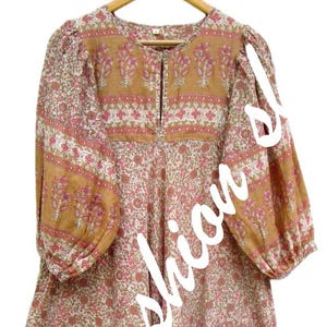 beige pink screen printed cotton floral maxi dress - 3/4th sleeve with button long dress - Henley neckline bohemian maxi