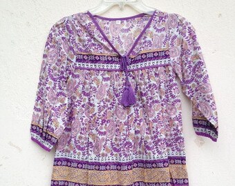 gold purple kerry printed cotton hippie kids maxi dress - v neckline with tassel kids maxi dress - long sleeve boho girls wear maxi dress