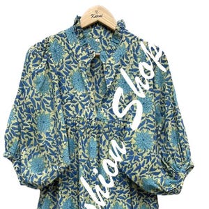 floral long blue hand block printed bohemian maxi dress - v frill neckline with belt cotton dress - 3/4 sleeves with button summer maxi