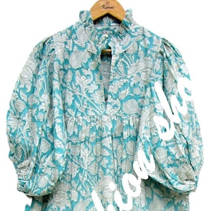 Turquoise Blue Floral Hand Block Print Cotton Dress – Puff Sleeve Boho Midi Dress – Indian Handmade Cottage core Dress