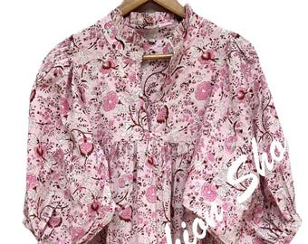 Pink Floral Cotton Maxi Dress – Hand Block Printed Boho Long Dress – Puff Sleeve Cottage core Summer Dress