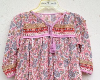 kids cotton pink paisley print girls boho long dress / 70s print girls dress / V neck long sleeve kids dress / girls summer dress