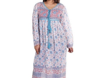 cotton pink blue floral boho dress / women's casual maxi dress / Summer long dress