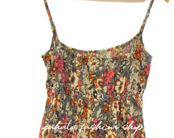 Vintage Floral Spaghetti Strap Cotton Dress – Boho Sleeveless Summer Midi Dress with Smocked Bodice