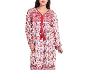 Red Floral Cotton Maxi Dress – Bohemian Long Sleeve V Neck